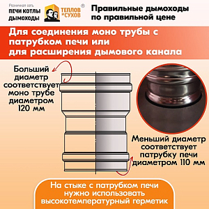 Адаптер переход дымохода Моно М-М 430-0.8 D110/120, переходник для печной трубы, адаптер котла из нержавейки